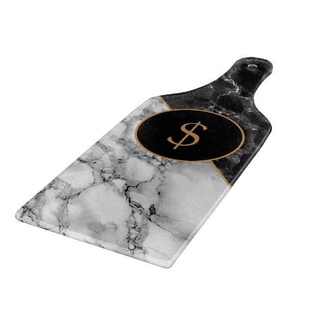 Personalised Black White Faux Marble Cutting Board (Corner)