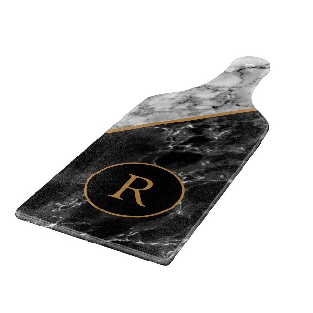 Personalised Black White Faux Marble Cutting Board (Corner)