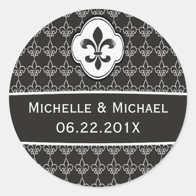 Personalised Black White Fleur de Lis Chain Classic Round Sticker (Front)