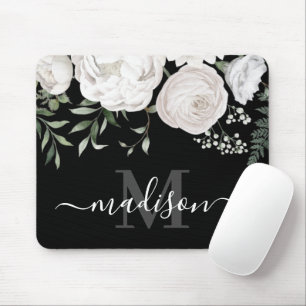 Personalised Black White Floral Name Monogram Mouse Mat