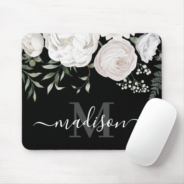 Personalised Black White Floral Name Monogram Mouse Mat (With Mouse)