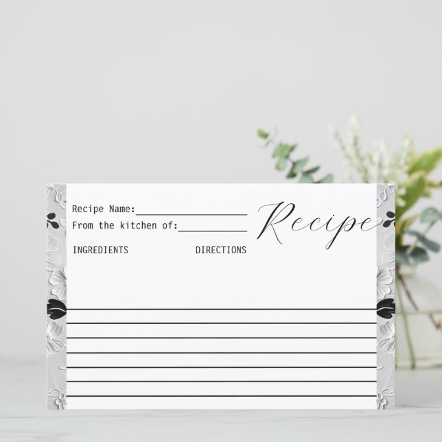 Personalised Black & White Florals Recipe Card (Standing Front)