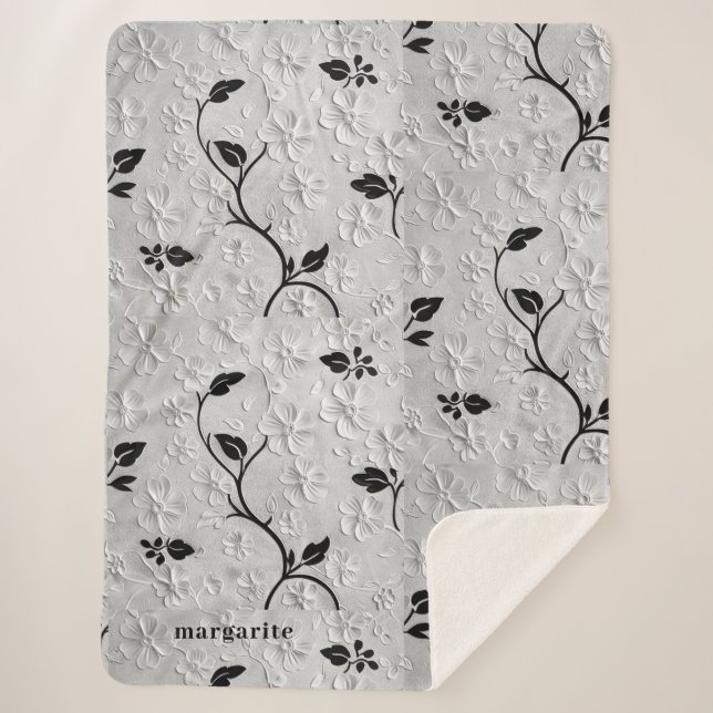 Personalised Black & White Florals Sherpa Blanket (Front)