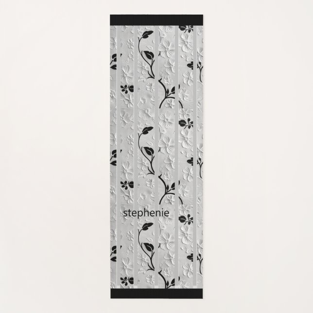 Personalised Black & White Florals Yoga Mat (Front)