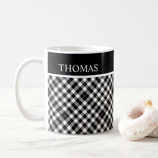 Personalised Black White Gingham Custom Name Coffee Mug (With Donut)