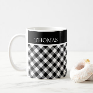 Personalised Black White Gingham Custom Name Coffee Mug