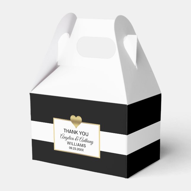 Personalised Black White Gold Heart Wedding Favour Box (Front Side)