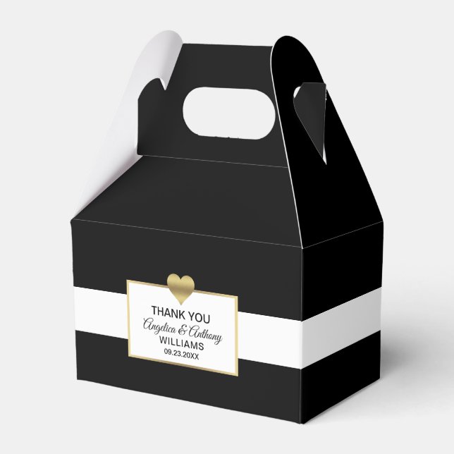 Personalised Black White Gold Heart Wedding Favour Box (Front Side)
