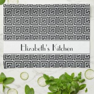 Personalised Black White Greek Meander Key Tea Towel