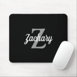 Personalised Black White Grey Retro Monogram Mouse Mat<br><div class="desc">This personalised mouse pad features a light grey monogram and white retro script name on a black background.</div>