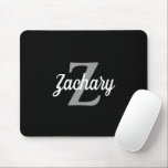 Personalised Black White Grey Retro Monogram Mouse Mat<br><div class="desc">This personalised mouse pad features a light grey monogram and white retro script name on a black background.</div>