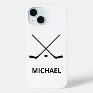 Personalised black white Hockey Sticks and Puck iPhone 15 Case