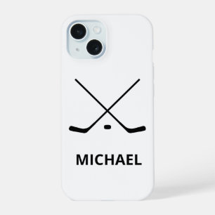 Personalised black white Hockey Sticks and Puck iPhone 15 Case