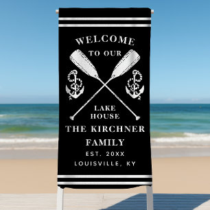 Personalised Black White Lake House Family Name Beach Towel