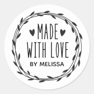 Personalised Black White Made With Love Classic Round Sticker