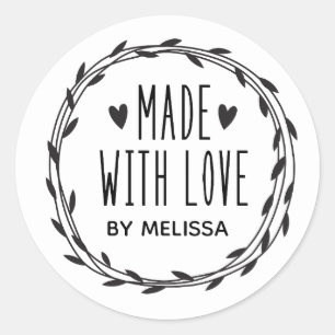 Personalised Black White Made With Love Classic Round Sticker