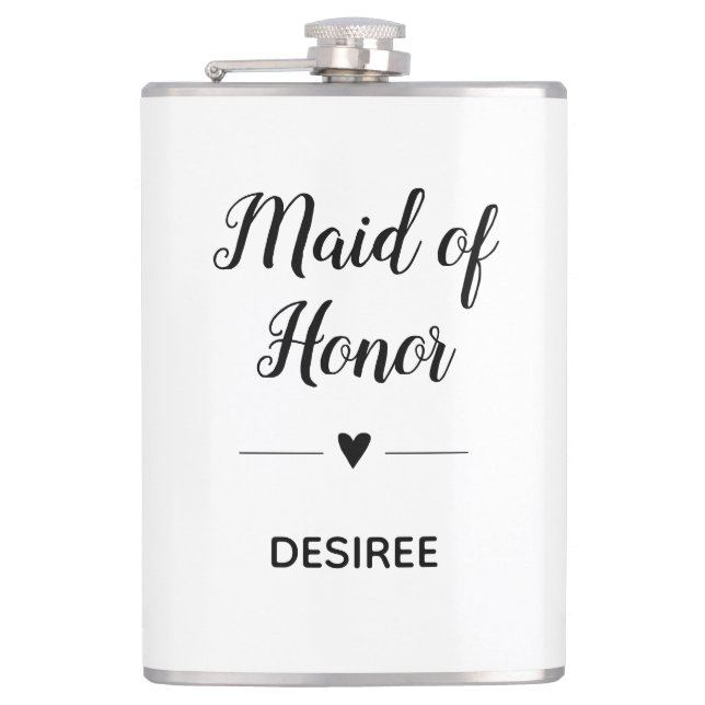 Personalised Black White Maid of Honour Heart Hip Flask (Front)