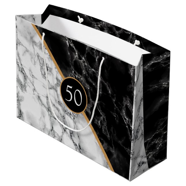 Personalised Black White Marble Birthday Gift Bag (Back Angled)