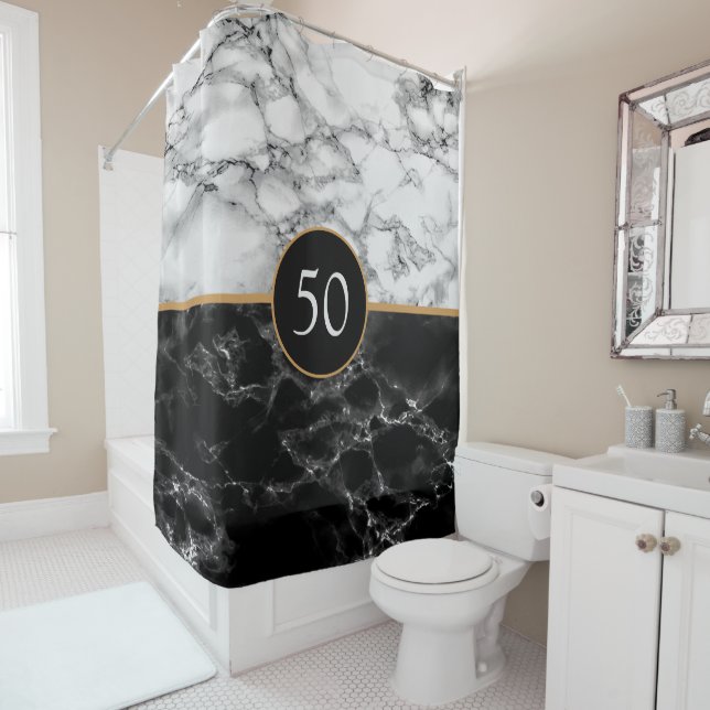 Personalised Black White Marble Shower Curtain (In Situ)