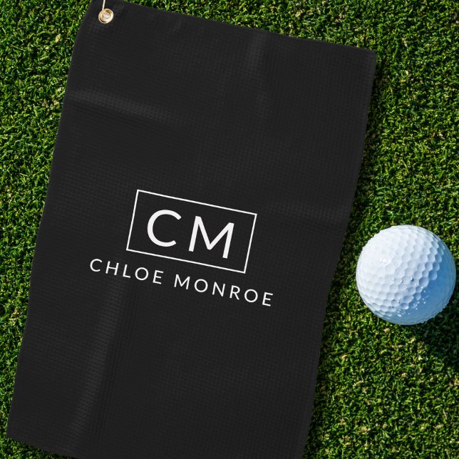 Personalised Black White Minimal Modern Monogram  Golf Towel (Creator Uploaded)