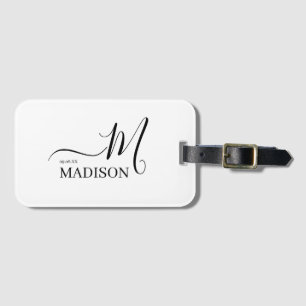 Personalised Black White Monogram Script Wedding Luggage Tag