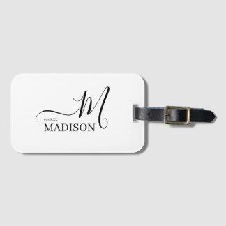 Personalised Black White Monogram Script Wedding Luggage Tag