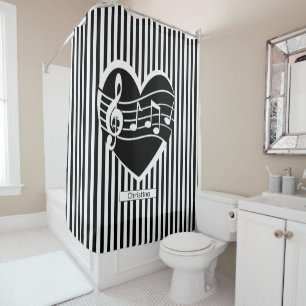 Personalised Black White Music Notes Heart Stripes Shower Curtain