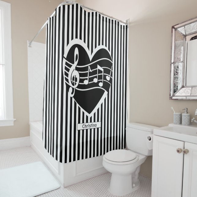 Personalised Black White Music Notes Heart Stripes Shower Curtain (In Situ)