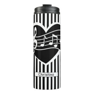 Personalised Black White Music Notes Heart Stripes Thermal Tumbler