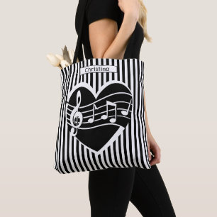 Personalised Black White Music Notes Heart Stripes Tote Bag
