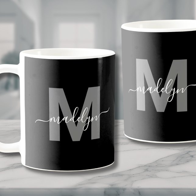 Personalised Black White Name Monogram Coffee Mug (Glamorous Black White Name Monogram Coffee Mug )
