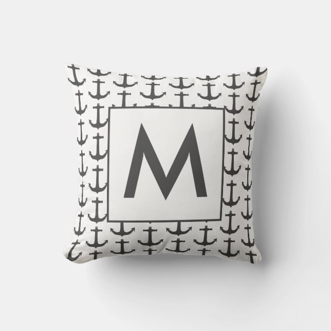 Personalised black white Nautical Anchor Cushion (Front)