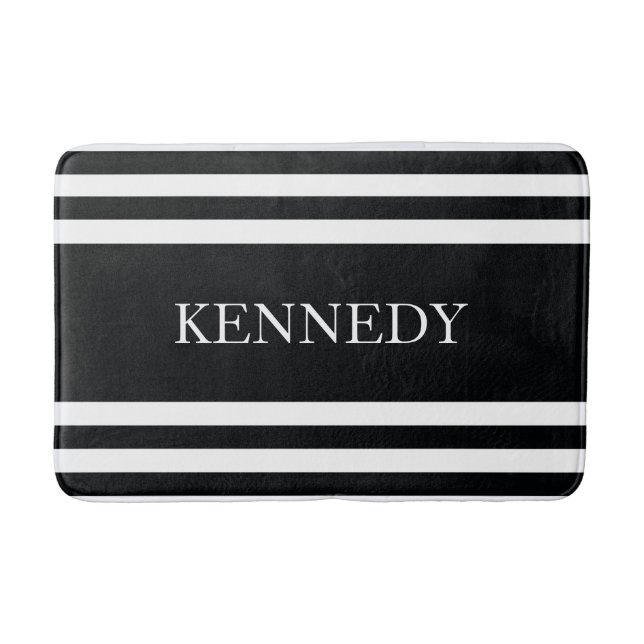 Personalised Black White Nautical Stripes Pattern Bath Mat (Front)