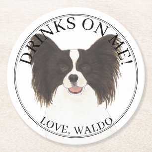 Personalised Black & White Papillon Dog Wedding Round Paper Coaster