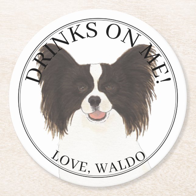 Personalised Black & White Papillon Dog Wedding Round Paper Coaster (Front)