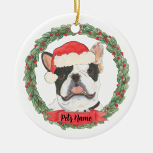 Personalised Black & White Pied Frenchie Christmas Ceramic Tree Decoration