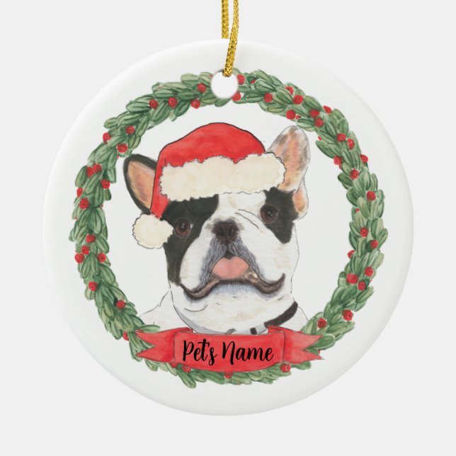 Personalised Black & White Pied Frenchie Christmas Ceramic Tree Decoration (Front)