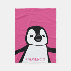  Personalised Black White Pink Cute Penguin Fleece Blanket