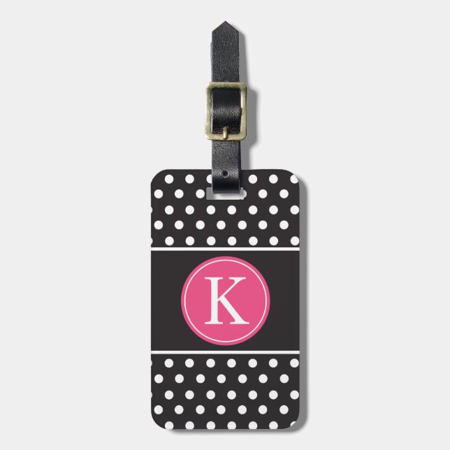 Personalised Black White Pink Polka Dots Luggage Tag (Front Vertical)