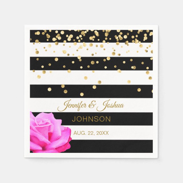 Personalised Black White Pink Rose Gold Wedding Napkin (Front)