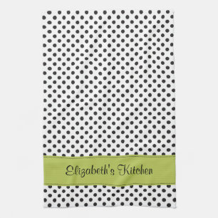 Personalised Black White Polka Dot Green Tea Towel