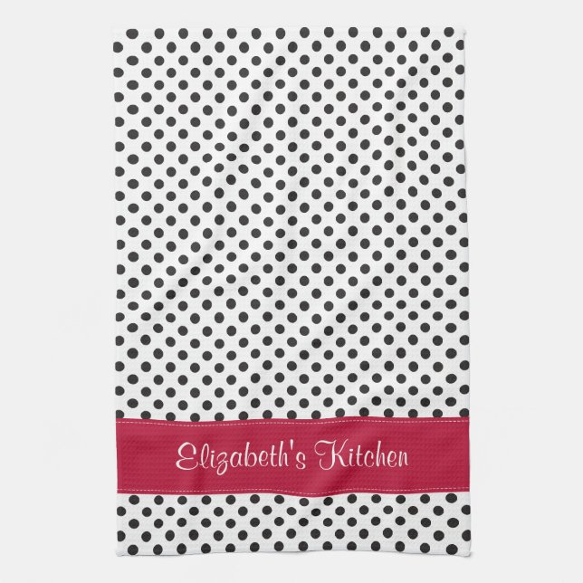 Personalised Black White Polka Dot Red Tea Towel (Vertical)