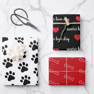 Personalised Black White Red Dog Themed Holiday Wrapping Paper Sheet