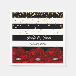 Personalised Black White Red Roses Gold Wedding Napkin