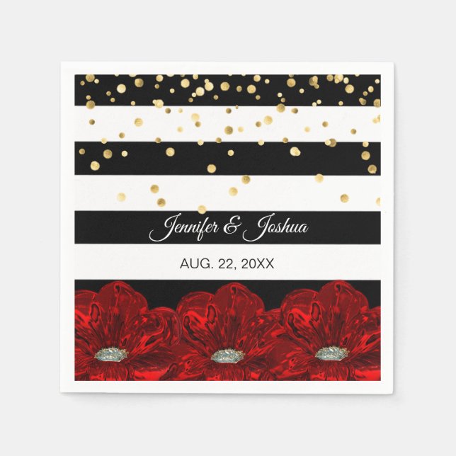 Personalised Black White Red Roses Gold Wedding Napkin (Front)