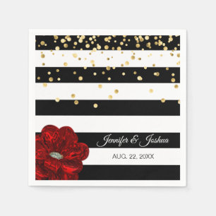 Personalised Black White Red Roses Gold Wedding Napkin