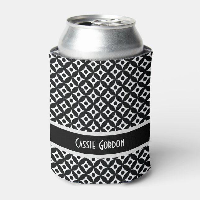 Personalised, Black & White Retro Pattern Can Cooler (Can Front)