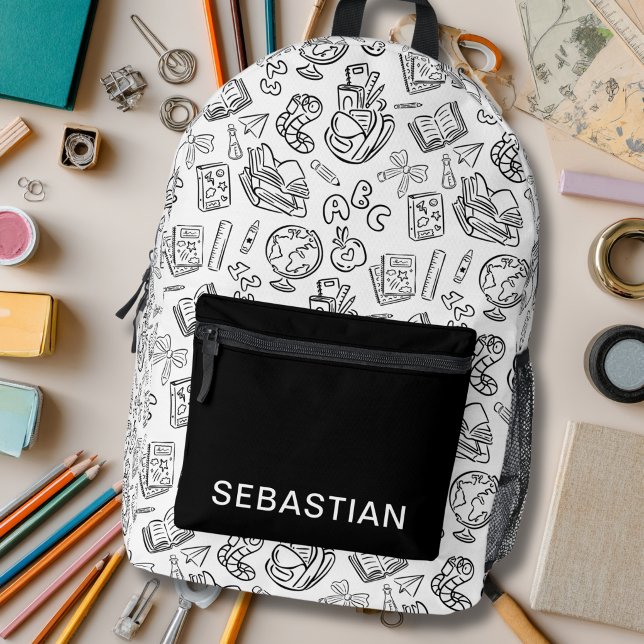 Personalised Black & White School Doodle Kids Printed Backpack (Personalized Black & White School Doodle Kids Printed Backpack)