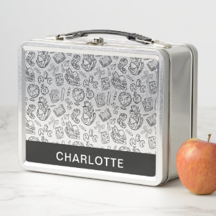 Personalised Black & White School Doodle Metal Lunch Box