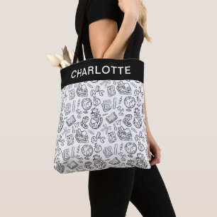 Personalised Black & White School Teacher Doodle Tote Bag